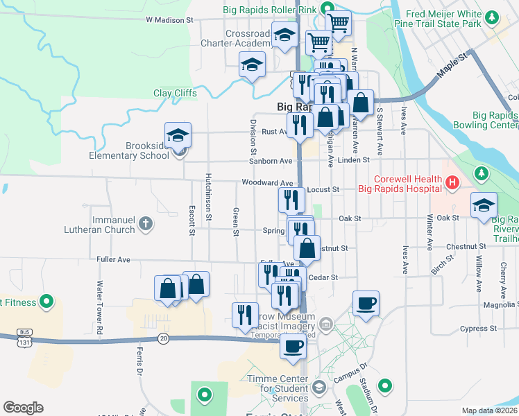 map of restaurants, bars, coffee shops, grocery stores, and more near 511 Division Street in Big Rapids