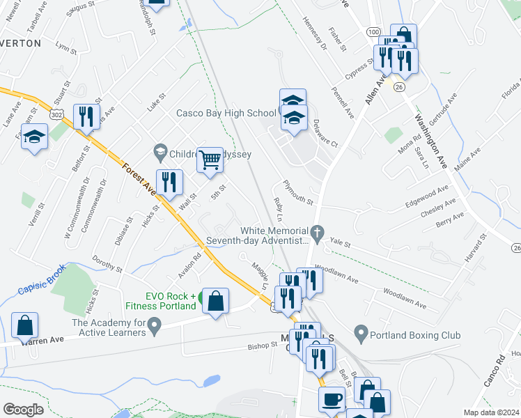 map of restaurants, bars, coffee shops, grocery stores, and more near 14 Carriage Lane in Portland