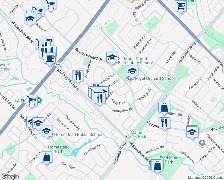 map of restaurants, bars, coffee shops, grocery stores, and more near 54 Red Maple Drive in Brampton