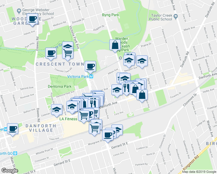 map of restaurants, bars, coffee shops, grocery stores, and more near 42 Saint Dunstan Drive in Toronto