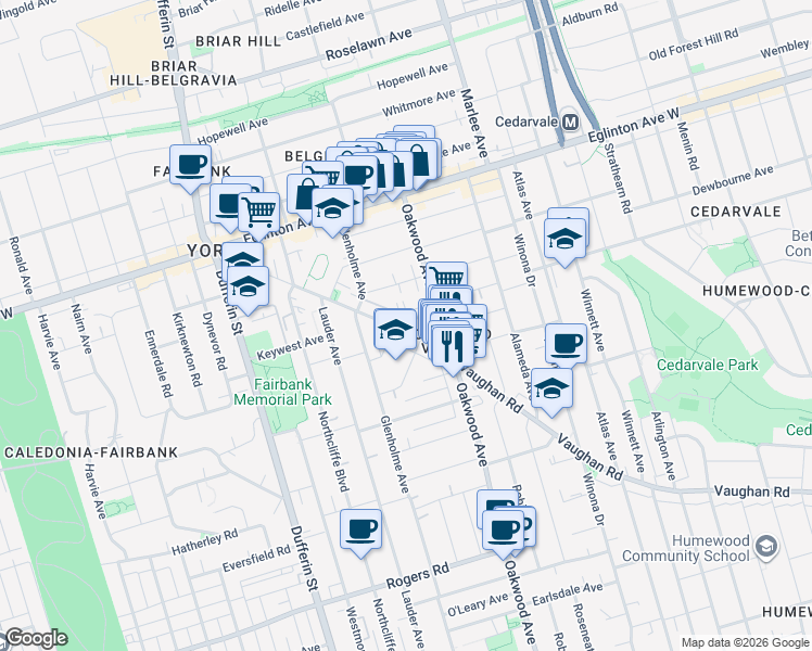 map of restaurants, bars, coffee shops, grocery stores, and more near in Toronto