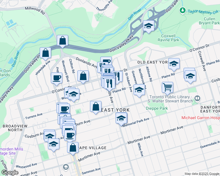 map of restaurants, bars, coffee shops, grocery stores, and more near in Toronto