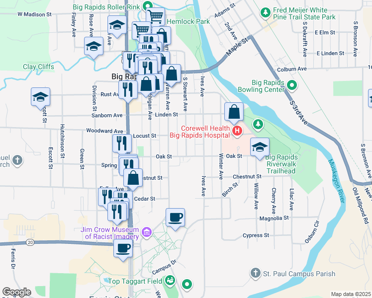 map of restaurants, bars, coffee shops, grocery stores, and more near 422 South Stewart Avenue in Big Rapids