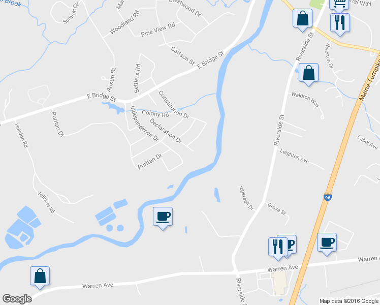 map of restaurants, bars, coffee shops, grocery stores, and more near 31 Declaration Drive in Westbrook