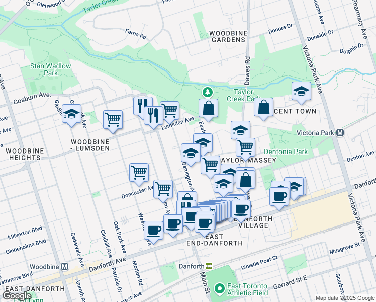 map of restaurants, bars, coffee shops, grocery stores, and more near 155 Barrington Avenue in Toronto