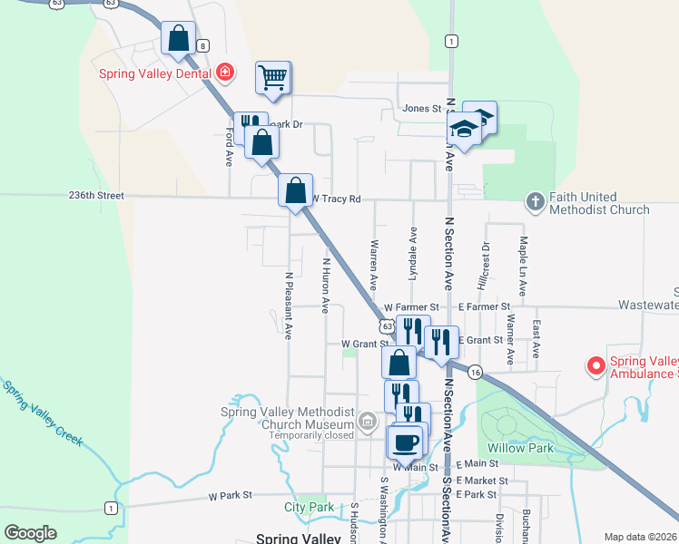 map of restaurants, bars, coffee shops, grocery stores, and more near 520 North Broadway Avenue in Spring Valley