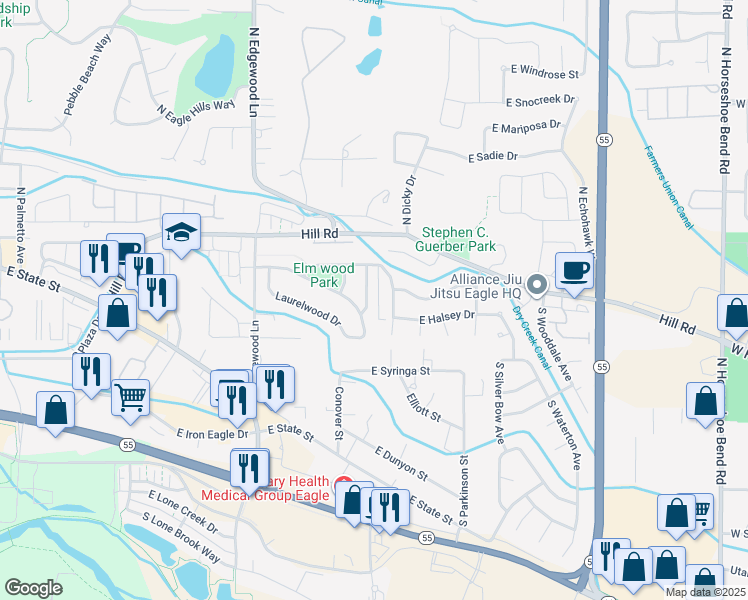 map of restaurants, bars, coffee shops, grocery stores, and more near 154 South Firwood Avenue in Eagle