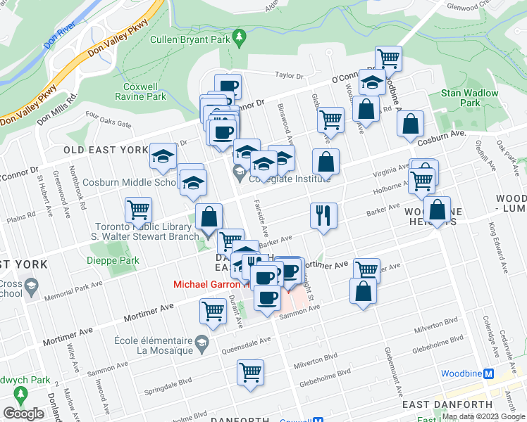 map of restaurants, bars, coffee shops, grocery stores, and more near 53 Virginia Avenue in Toronto