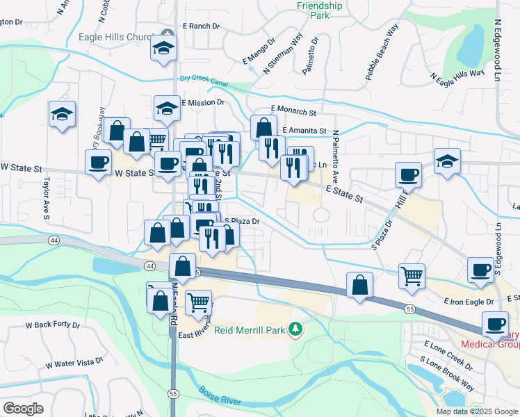 map of restaurants, bars, coffee shops, grocery stores, and more near 68 South Young Lane in Eagle