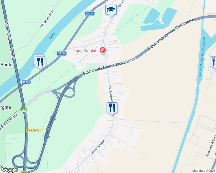 map of restaurants, bars, coffee shops, grocery stores, and more near 428 Via Livornese in Pisa