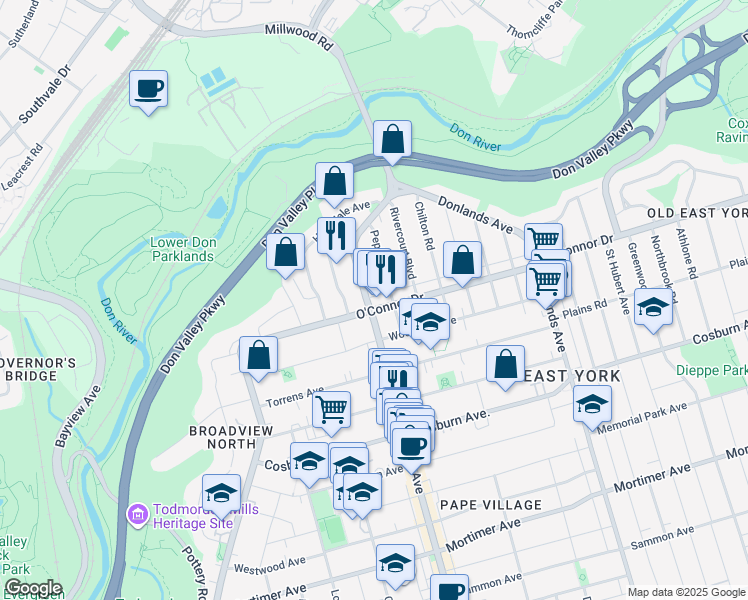 map of restaurants, bars, coffee shops, grocery stores, and more near 128 O'Connor Drive in Toronto