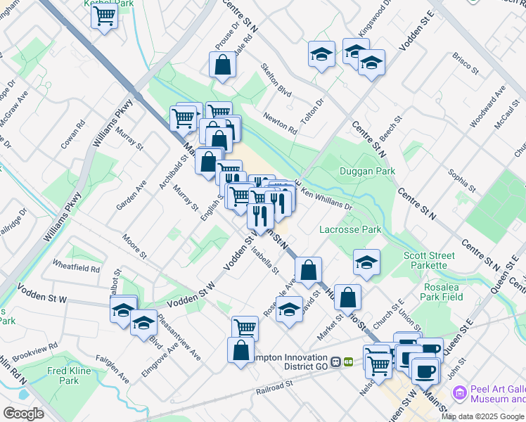 map of restaurants, bars, coffee shops, grocery stores, and more near 332 Main Street North in Brampton