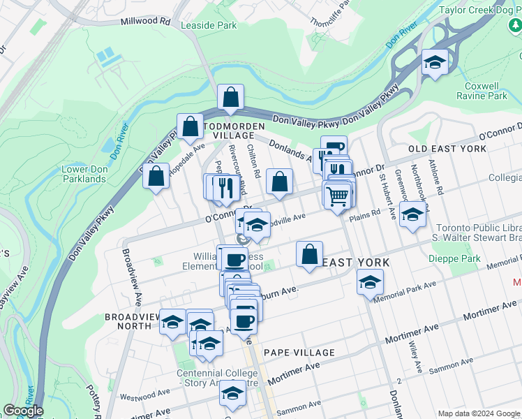 map of restaurants, bars, coffee shops, grocery stores, and more near 169 O'Connor Drive in Toronto