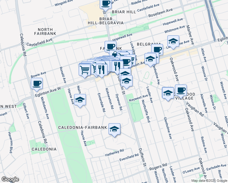 map of restaurants, bars, coffee shops, grocery stores, and more near 112 Dynevor Road in Toronto