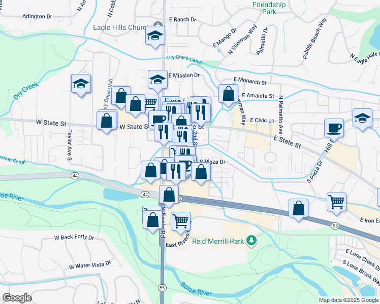 map of restaurants, bars, coffee shops, grocery stores, and more near 228 East Plaza Drive in Eagle