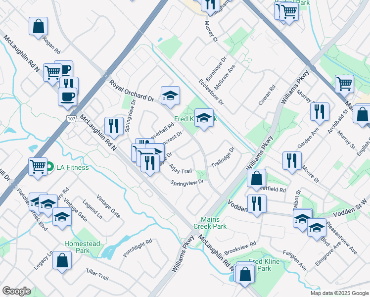 map of restaurants, bars, coffee shops, grocery stores, and more near 69 Red Maple Drive in Brampton