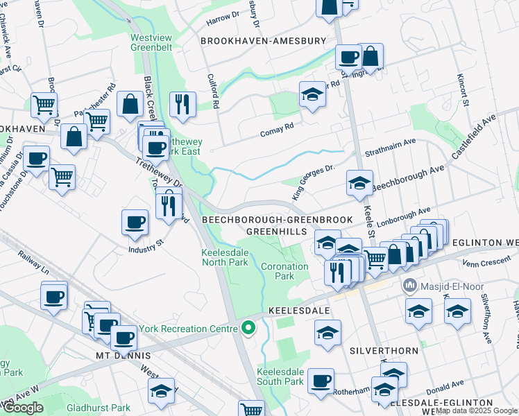 map of restaurants, bars, coffee shops, grocery stores, and more near in Toronto