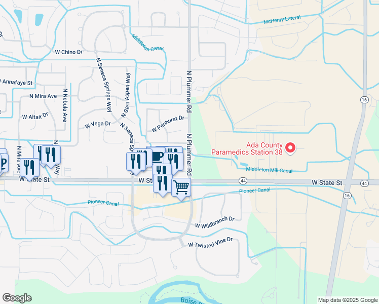 map of restaurants, bars, coffee shops, grocery stores, and more near 195 North Plummer Road in Star
