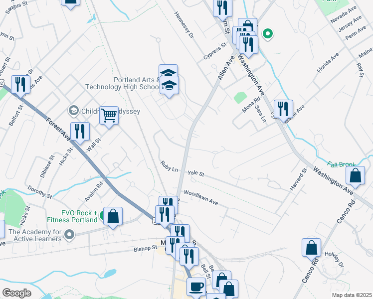 map of restaurants, bars, coffee shops, grocery stores, and more near 12 Plymouth Street in Portland
