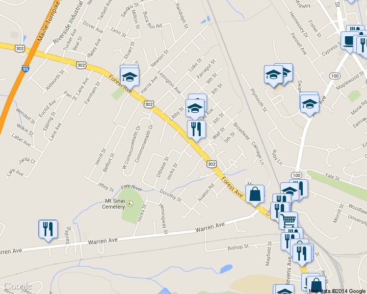 map of restaurants, bars, coffee shops, grocery stores, and more near 1440 Forest Avenue in Portland