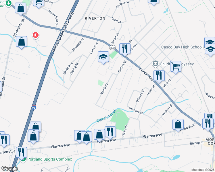 map of restaurants, bars, coffee shops, grocery stores, and more near 44 Verrill Street in Portland