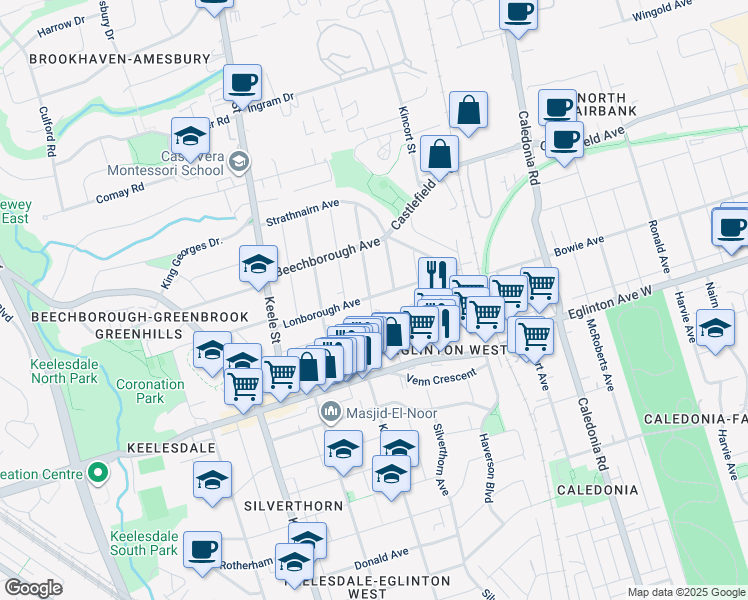map of restaurants, bars, coffee shops, grocery stores, and more near in Toronto