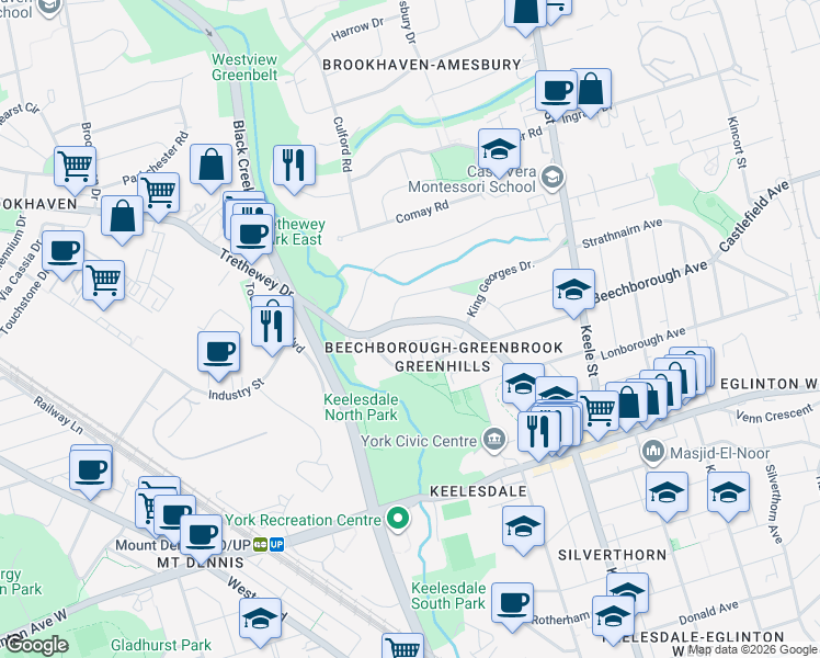 map of restaurants, bars, coffee shops, grocery stores, and more near 96 Trethewey Drive in Toronto