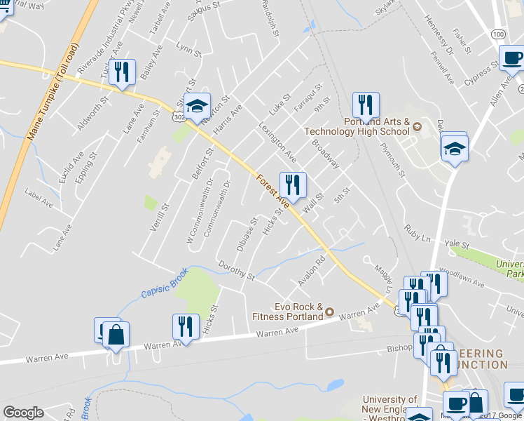 map of restaurants, bars, coffee shops, grocery stores, and more near 84 Dibiase Street in Portland