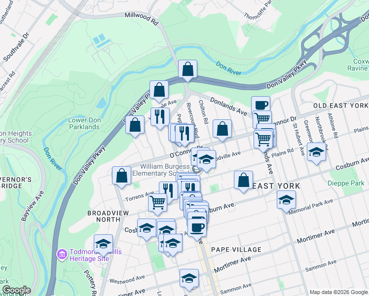 map of restaurants, bars, coffee shops, grocery stores, and more near 158 O'Connor Drive in Toronto