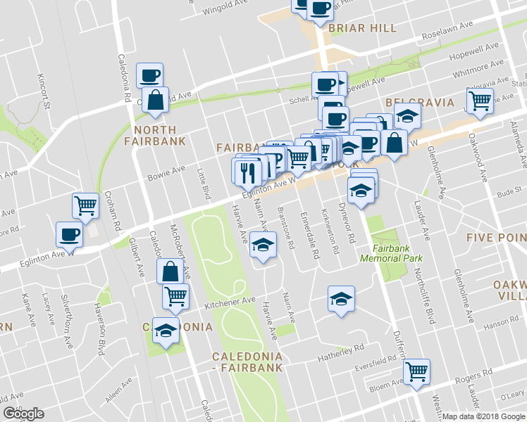 map of restaurants, bars, coffee shops, grocery stores, and more near 557 Nairn Avenue in Toronto