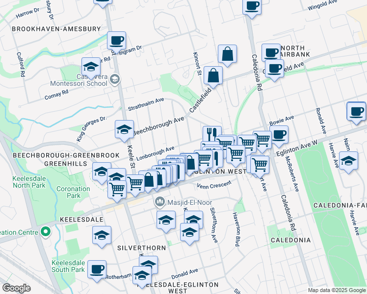 map of restaurants, bars, coffee shops, grocery stores, and more near 59 Lonborough Avenue in Toronto