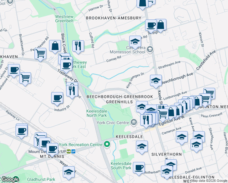 map of restaurants, bars, coffee shops, grocery stores, and more near 88 Trethewey Drive in Toronto