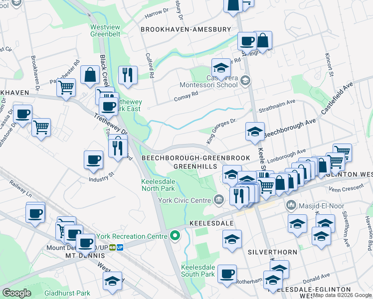 map of restaurants, bars, coffee shops, grocery stores, and more near 88 Trethewey Drive in Toronto