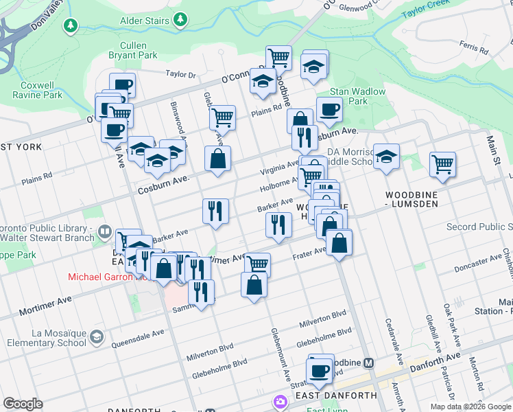 map of restaurants, bars, coffee shops, grocery stores, and more near 86 Barker Avenue in Toronto