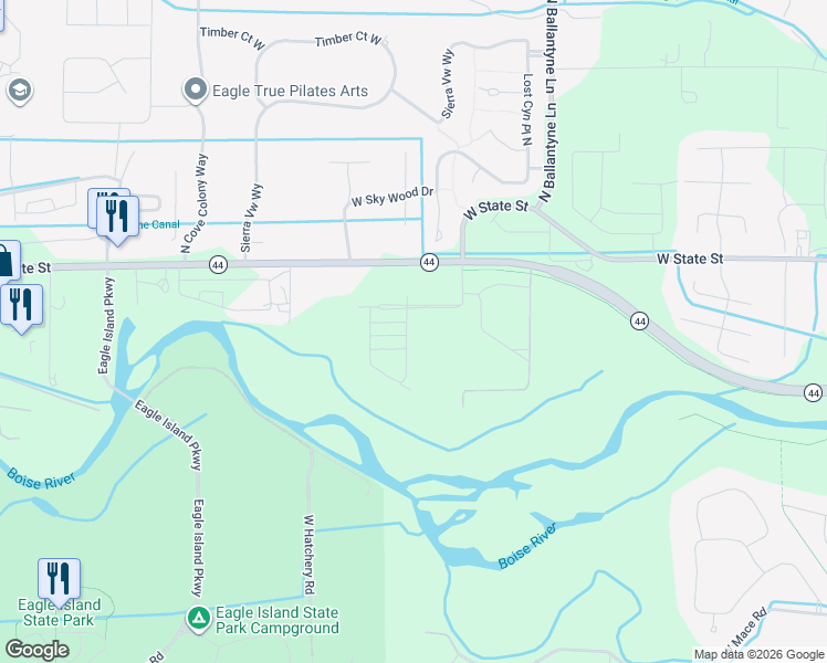 map of restaurants, bars, coffee shops, grocery stores, and more near 2517 W Iron Coop St in Eagle