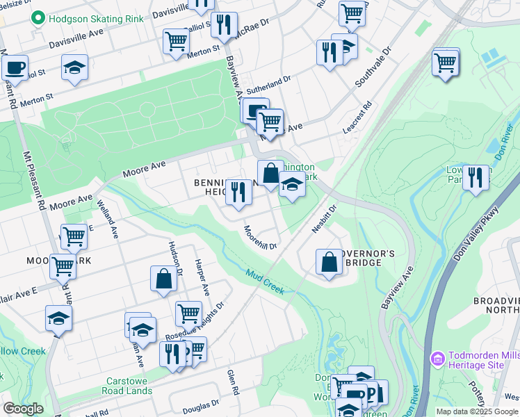 map of restaurants, bars, coffee shops, grocery stores, and more near 183 Bayview Heights Drive in Toronto