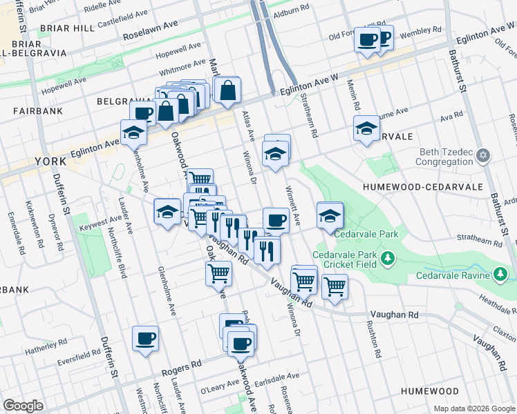 map of restaurants, bars, coffee shops, grocery stores, and more near 20 Belvidere Avenue in Toronto