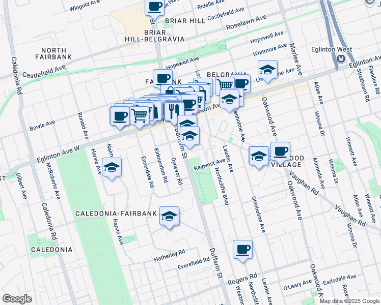 map of restaurants, bars, coffee shops, grocery stores, and more near 2327 Dufferin Street in Toronto