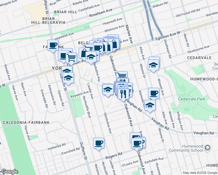 map of restaurants, bars, coffee shops, grocery stores, and more near 671a Vaughan Road in Toronto