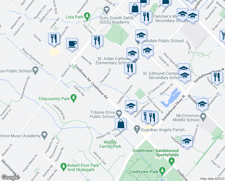 map of restaurants, bars, coffee shops, grocery stores, and more near 52 Hollingsworth Circle in Brampton