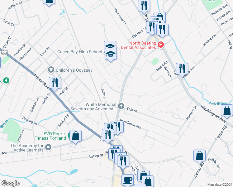 map of restaurants, bars, coffee shops, grocery stores, and more near 12 Plymouth Street in Portland