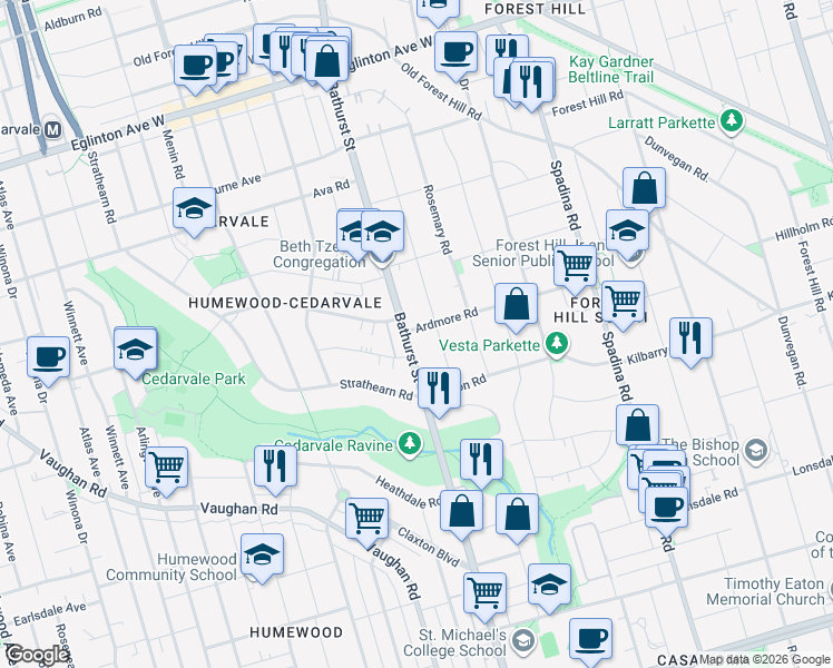 map of restaurants, bars, coffee shops, grocery stores, and more near in Toronto