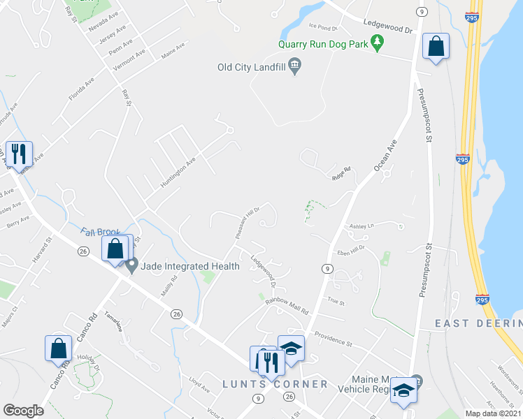 map of restaurants, bars, coffee shops, grocery stores, and more near 5 Wildwood Circle in Portland