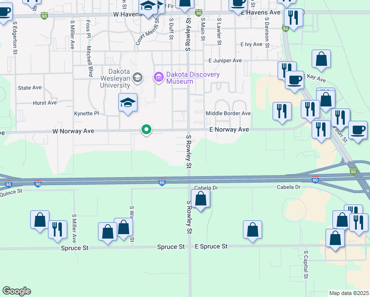 map of restaurants, bars, coffee shops, grocery stores, and more near 201 West Pine Avenue in Mitchell