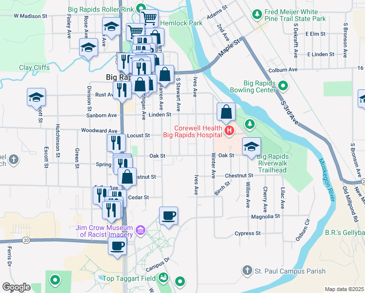 map of restaurants, bars, coffee shops, grocery stores, and more near 419 South Stewart Avenue in Big Rapids
