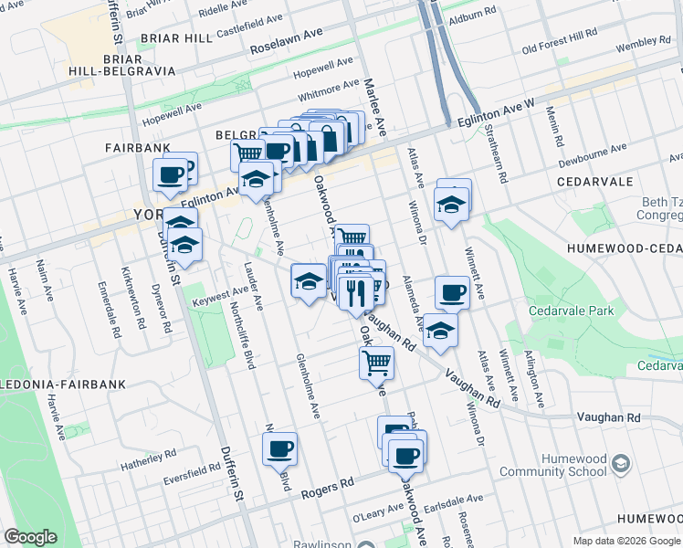 map of restaurants, bars, coffee shops, grocery stores, and more near 568 Oakwood Avenue in Toronto