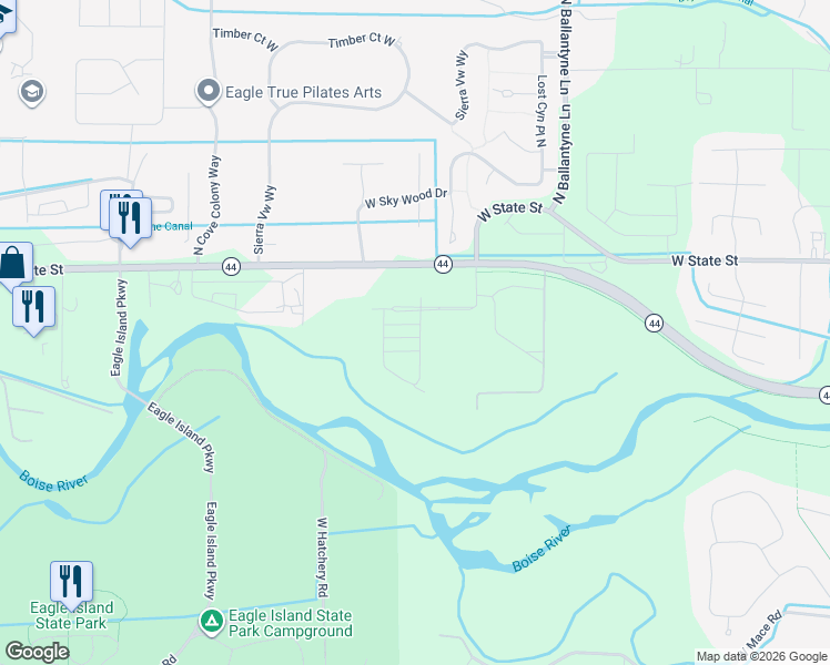 map of restaurants, bars, coffee shops, grocery stores, and more near 2517 W Iron Coop St in Eagle