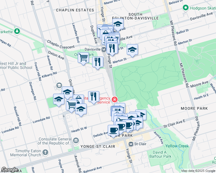 map of restaurants, bars, coffee shops, grocery stores, and more near 101 Lawton Boulevard in Toronto