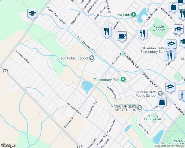 map of restaurants, bars, coffee shops, grocery stores, and more near Divinity Circle in Brampton