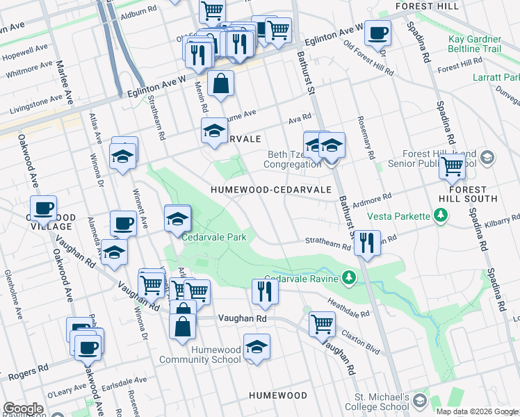 map of restaurants, bars, coffee shops, grocery stores, and more near 10 Glen Cedar Road in Toronto